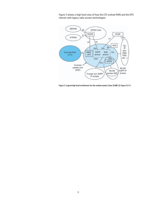 Figure 3 shows a high level view of how the LTE evolved RAN and the EPC
interact with legacy radio access technologies.




Figure 3. Logical high level architecture for the evolved system (from 23.882 [3] Figure 4.2-1)




                        8
 