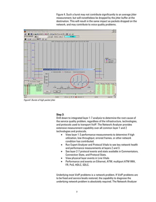 Figure 4. Such a burst may not contribute significantly to an average jitter
                                       measurement, but will nonetheless be dropped by the jitter buffer at the
                                       destination. This will result in the same impact as packets dropped on the
                                       network, and may contribute to voice quality problems.




Figure4 Bursts of high packet jitter




                                       Step 3:
                                       Drill-down to integrated layer 1-7 analysis to determine the root-cause of
                                       the service quality problem, regardless of the infrastructure, technologies,
                                       and protocols used to transport VoIP. The Network Analyzer provides
                                       extensive measurement capability over all common layer 1 and 2
                                       technologies and protocols.
                                            • View layer 1-3 performance measurements to determine if high
                                                utilization, low throughput, errored frames, or other network
                                                condition has contributed.
                                            • Run Expert Analyzer and Protocol Vitals to see key network health
                                                and performance measurements at layers 2 and 3.
                                            • See layer 2-7 protocol events and stats available in Commentators,
                                                Connection Stats, and Protocol Stats.
                                            • View physical layer events in Line Vitals
                                            • Performance and events on Ethernet, ATM, multiport ATM IMA,
                                                FR, PoS, HDLC, SDLC.


                                       Underlying most VoIP problems is a network problem. If VoIP problems are
                                       to be fixed and service levels restored, the capability to diagnose the
                                       underlying network problem is absolutely required. The Network Analyzer


                                                         7
 
