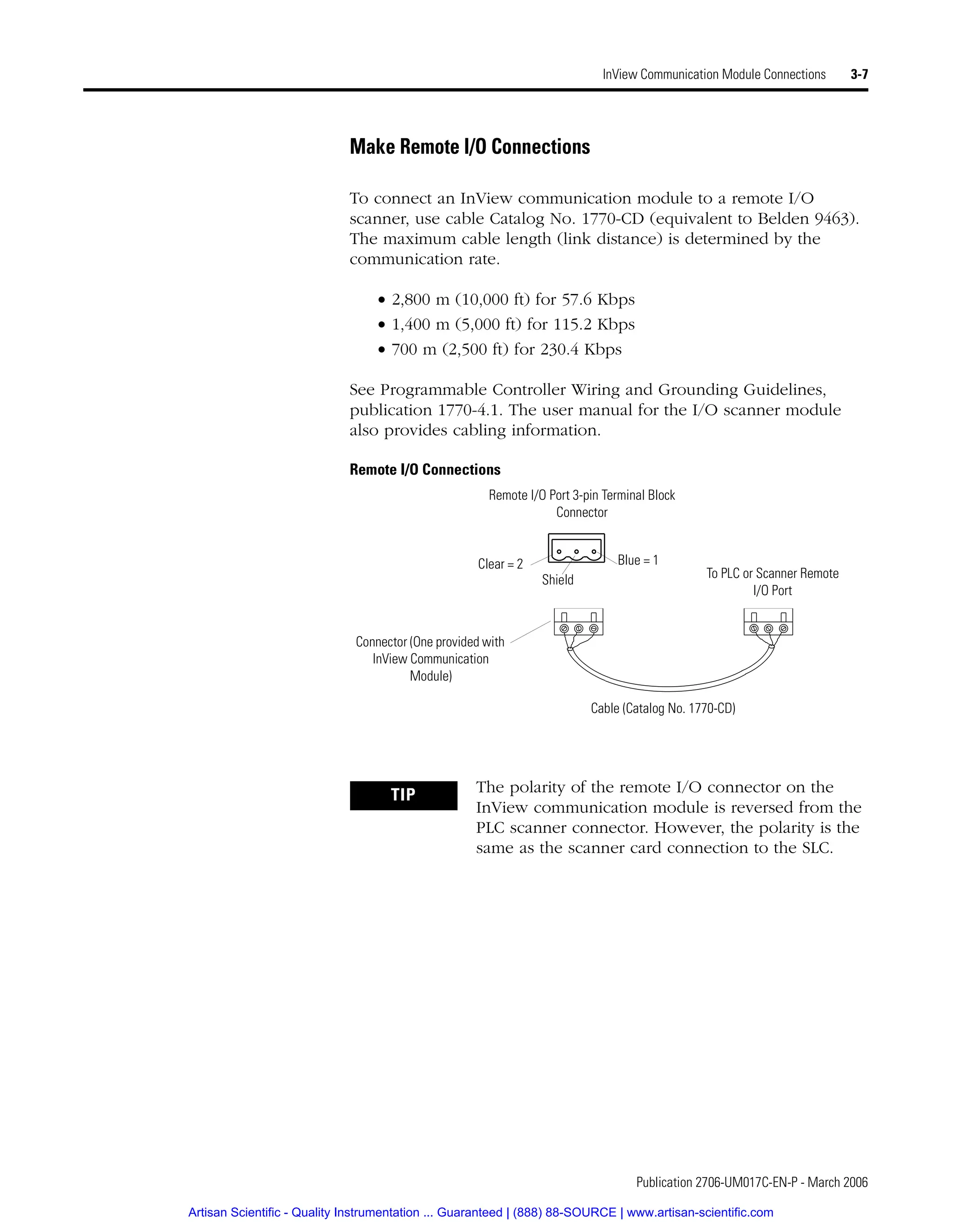 Publication 2706-UM017C-EN-P - March 2006
InView Communication Module Connections 3-7
Make Remote I/O Connections
To connect an InView communication module to a remote I/O
scanner, use cable Catalog No. 1770-CD (equivalent to Belden 9463).
The maximum cable length (link distance) is determined by the
communication rate.
• 2,800 m (10,000 ft) for 57.6 Kbps
• 1,400 m (5,000 ft) for 115.2 Kbps
• 700 m (2,500 ft) for 230.4 Kbps
See Programmable Controller Wiring and Grounding Guidelines,
publication 1770-4.1. The user manual for the I/O scanner module
also provides cabling information.
Remote I/O Connections
TIP The polarity of the remote I/O connector on the
InView communication module is reversed from the
PLC scanner connector. However, the polarity is the
same as the scanner card connection to the SLC.
Remote I/O Port 3-pin Terminal Block
Connector
Clear = 2 Blue = 1
Shield
Cable (Catalog No. 1770-CD)
Connector (One provided with
InView Communication
Module)
To PLC or Scanner Remote
I/O Port
Artisan Scientific - Quality Instrumentation ... Guaranteed | (888) 88-SOURCE | www.artisan-scientific.com
 