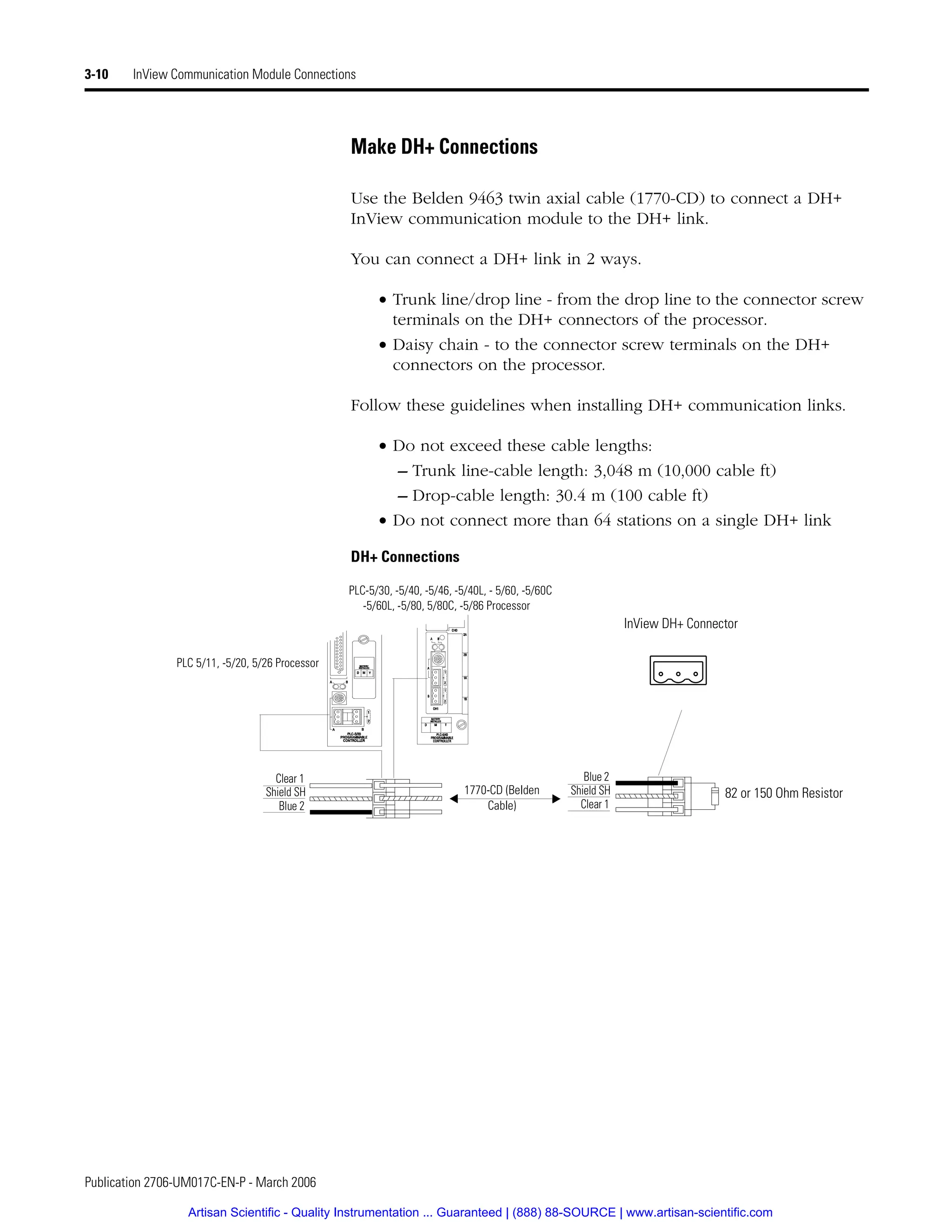 Publication 2706-UM017C-EN-P - March 2006
3-10 InView Communication Module Connections
Make DH+ Connections
Use the Belden 9463 twin axial cable (1770-CD) to connect a DH+
InView communication module to the DH+ link.
You can connect a DH+ link in 2 ways.
• Trunk line/drop line - from the drop line to the connector screw
terminals on the DH+ connectors of the processor.
• Daisy chain - to the connector screw terminals on the DH+
connectors on the processor.
Follow these guidelines when installing DH+ communication links.
• Do not exceed these cable lengths:
– Trunk line-cable length: 3,048 m (10,000 cable ft)
– Drop-cable length: 30.4 m (100 cable ft)
• Do not connect more than 64 stations on a single DH+ link
DH+ Connections
Clear 1
Shield SH
Blue 2
Blue 2
Shield SH
Clear 1
1770-CD (Belden
Cable)
PLC 5/11, -5/20, 5/26 Processor
PLC-5/30, -5/40, -5/46, -5/40L, - 5/60, -5/60C
-5/60L, -5/80, 5/80C, -5/86 Processor
InView DH+ Connector
82 or 150 Ohm Resistor
Artisan Scientific - Quality Instrumentation ... Guaranteed | (888) 88-SOURCE | www.artisan-scientific.com
 