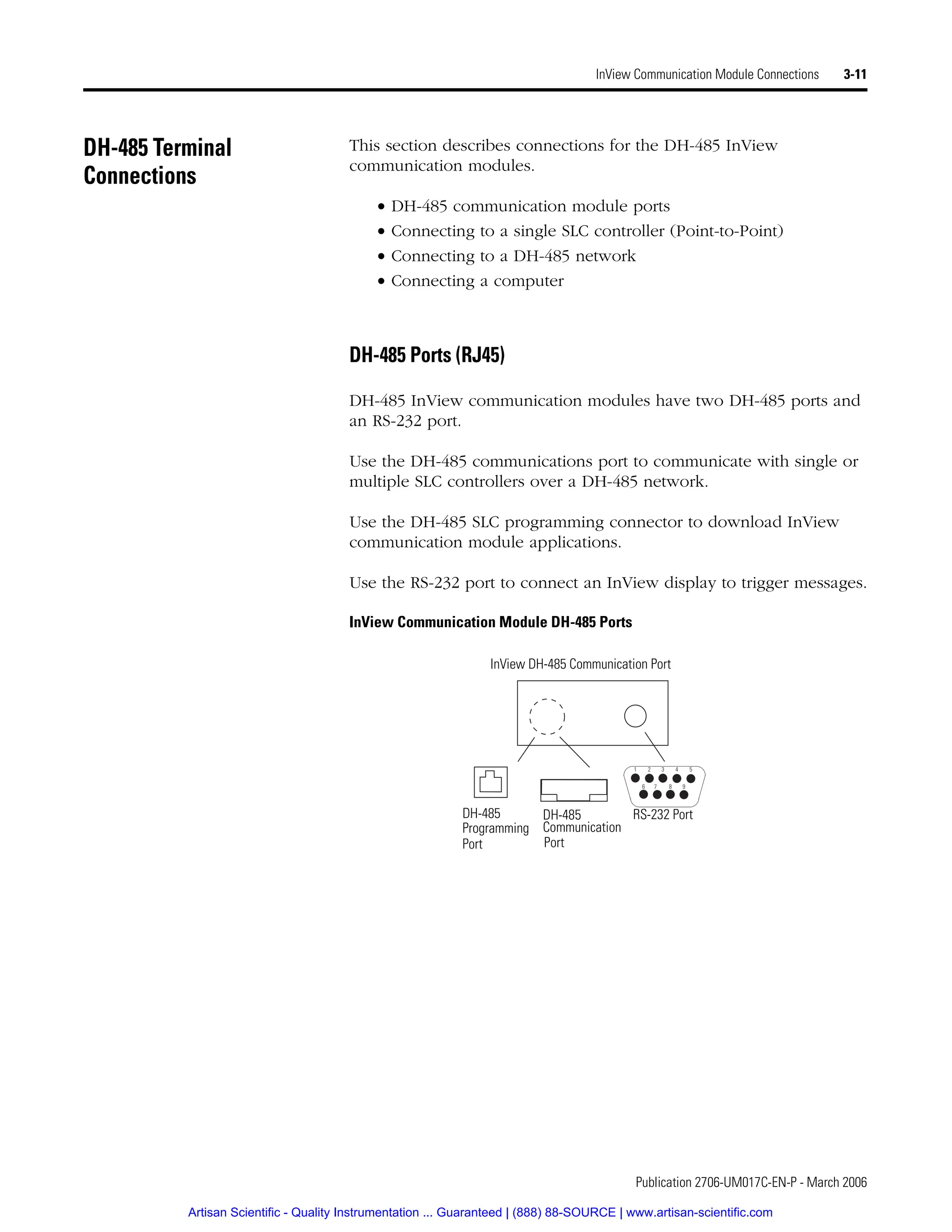 Publication 2706-UM017C-EN-P - March 2006
InView Communication Module Connections 3-11
DH-485 Terminal
Connections
This section describes connections for the DH-485 InView
communication modules.
• DH-485 communication module ports
• Connecting to a single SLC controller (Point-to-Point)
• Connecting to a DH-485 network
• Connecting a computer
DH-485 Ports (RJ45)
DH-485 InView communication modules have two DH-485 ports and
an RS-232 port.
Use the DH-485 communications port to communicate with single or
multiple SLC controllers over a DH-485 network.
Use the DH-485 SLC programming connector to download InView
communication module applications.
Use the RS-232 port to connect an InView display to trigger messages.
InView Communication Module DH-485 Ports
1 2 3 4 5
6 7 8 9
RS-232 Port
DH-485
DH-485
Port
Communication
Programming
Port
InView DH-485 Communication Port
Artisan Scientific - Quality Instrumentation ... Guaranteed | (888) 88-SOURCE | www.artisan-scientific.com
 