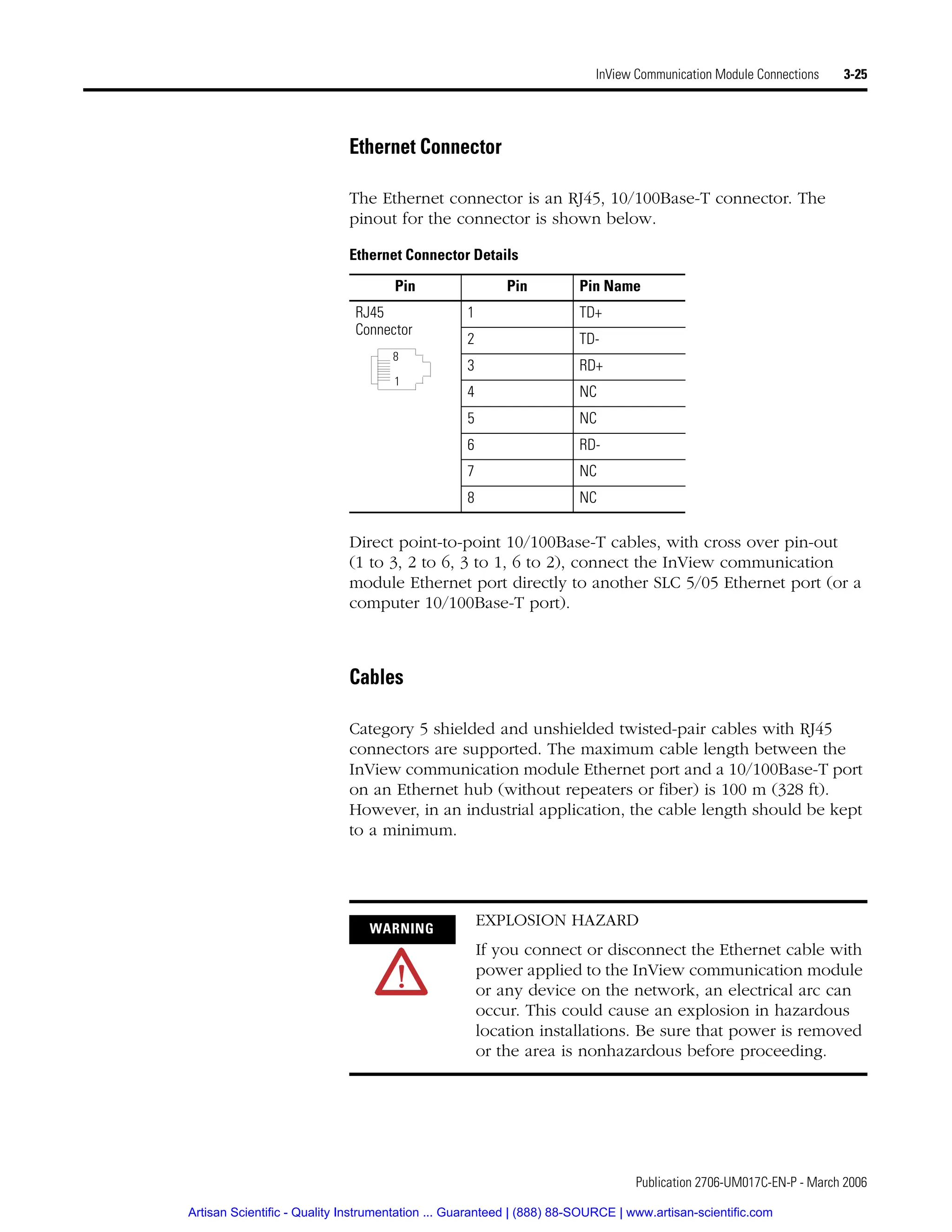 Publication 2706-UM017C-EN-P - March 2006
InView Communication Module Connections 3-25
Ethernet Connector
The Ethernet connector is an RJ45, 10/100Base-T connector. The
pinout for the connector is shown below.
Direct point-to-point 10/100Base-T cables, with cross over pin-out
(1 to 3, 2 to 6, 3 to 1, 6 to 2), connect the InView communication
module Ethernet port directly to another SLC 5/05 Ethernet port (or a
computer 10/100Base-T port).
Cables
Category 5 shielded and unshielded twisted-pair cables with RJ45
connectors are supported. The maximum cable length between the
InView communication module Ethernet port and a 10/100Base-T port
on an Ethernet hub (without repeaters or fiber) is 100 m (328 ft).
However, in an industrial application, the cable length should be kept
to a minimum.
Ethernet Connector Details
Pin Pin Pin Name
RJ45
Connector
1 TD+
2 TD-
3 RD+
4 NC
5 NC
6 RD-
7 NC
8 NC
WARNING
EXPLOSION HAZARD
If you connect or disconnect the Ethernet cable with
power applied to the InView communication module
or any device on the network, an electrical arc can
occur. This could cause an explosion in hazardous
location installations. Be sure that power is removed
or the area is nonhazardous before proceeding.
1
8
Artisan Scientific - Quality Instrumentation ... Guaranteed | (888) 88-SOURCE | www.artisan-scientific.com
 