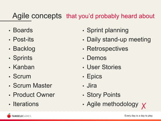 Every day is a day to play
Agile concepts
• Boards
• Post-its
• Backlog
• Sprints
• Kanban
• Scrum
• Scrum Master
• Product Owner
• Iterations
• Sprint planning
• Daily stand-up meeting
• Retrospectives
• Demos
• User Stories
• Epics
• Jira
• Story Points
• Agile methodology ✗
that you’d probably heard about
 
