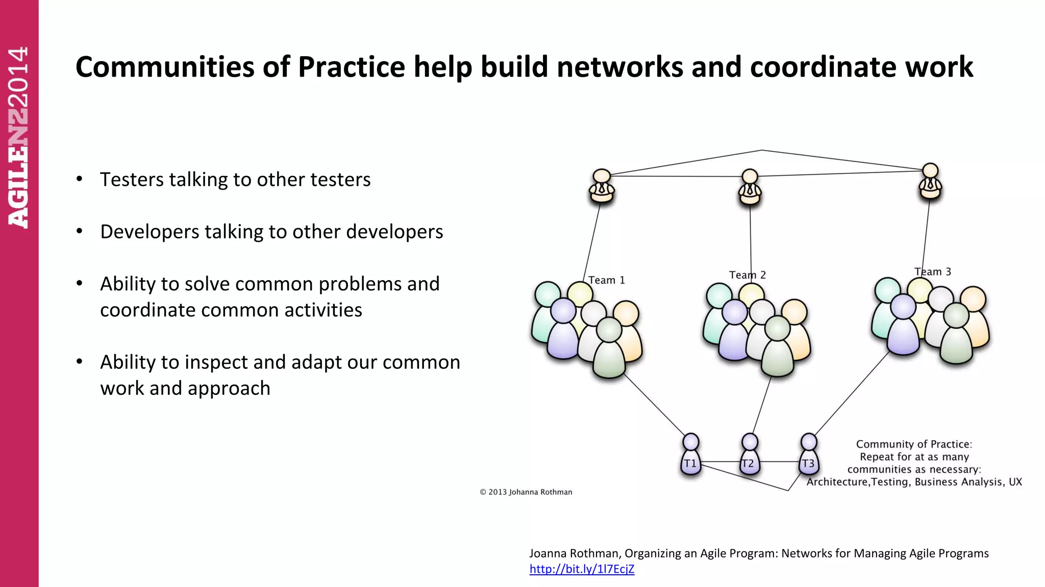 Communities of Practice help build networks and coordinate work 
• Testers talking to other testers 
• Developers talking to other developers 
• Ability to solve common problems and 
coordinate common activities 
• Ability to inspect and adapt our common 
work and approach 
Joanna Rothman, Organizing an Agile Program: Networks for Managing Agile Programs 
http://bit.ly/1l7EcjZ 
 