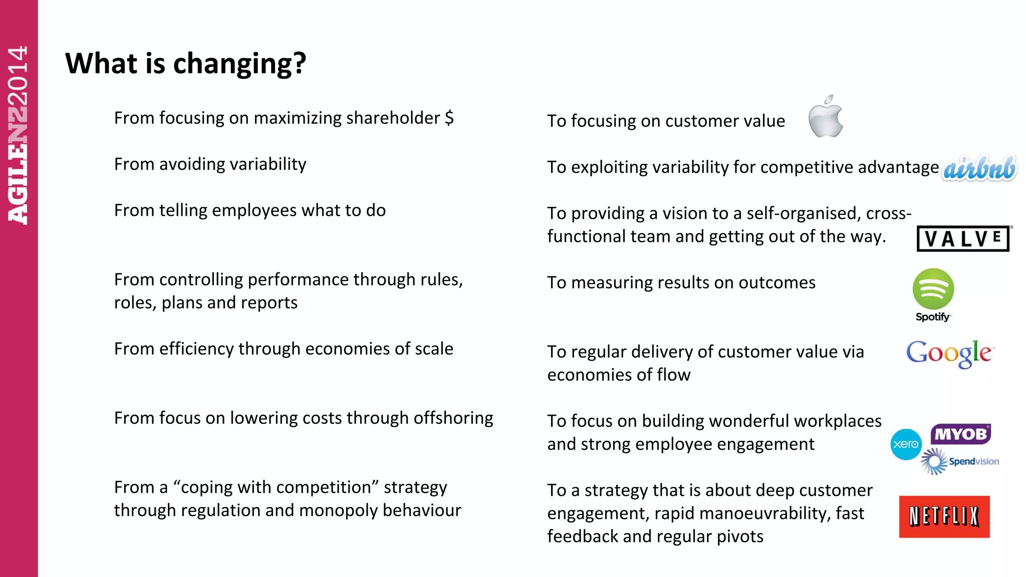 What is changing? 
To focusing on customer value 
To exploiting variability for competitive advantage 
To providing a vision to a self-organised, cross-functional 
team and getting out of the way. 
To measuring results on outcomes 
To regular delivery of customer value via 
economies of flow 
To focus on building wonderful workplaces 
and strong employee engagement 
To a strategy that is about deep customer 
engagement, rapid manoeuvrability, fast 
feedback and regular pivots 
From focusing on maximizing shareholder $ 
From avoiding variability 
From telling employees what to do 
From controlling performance through rules, 
roles, plans and reports 
From efficiency through economies of scale 
From focus on lowering costs through offshoring 
From a “coping with competition” strategy 
through regulation and monopoly behaviour 
 
