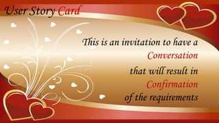 User Story Card
This is an invitation to have a
Conversation
that will result in
Confirmation
of the requirements
 