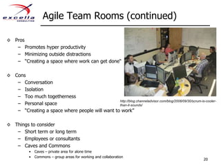 Agile Team Rooms (continued)
◊ Pros
– Promotes hyper productivity
– Minimizing outside distractions
– “Creating a space wh...