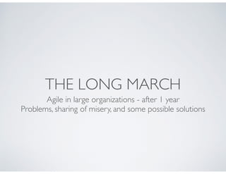 THE LONG MARCH
Agile in large organizations - after 1 year
Problems, sharing of misery, and some possible solutions
 