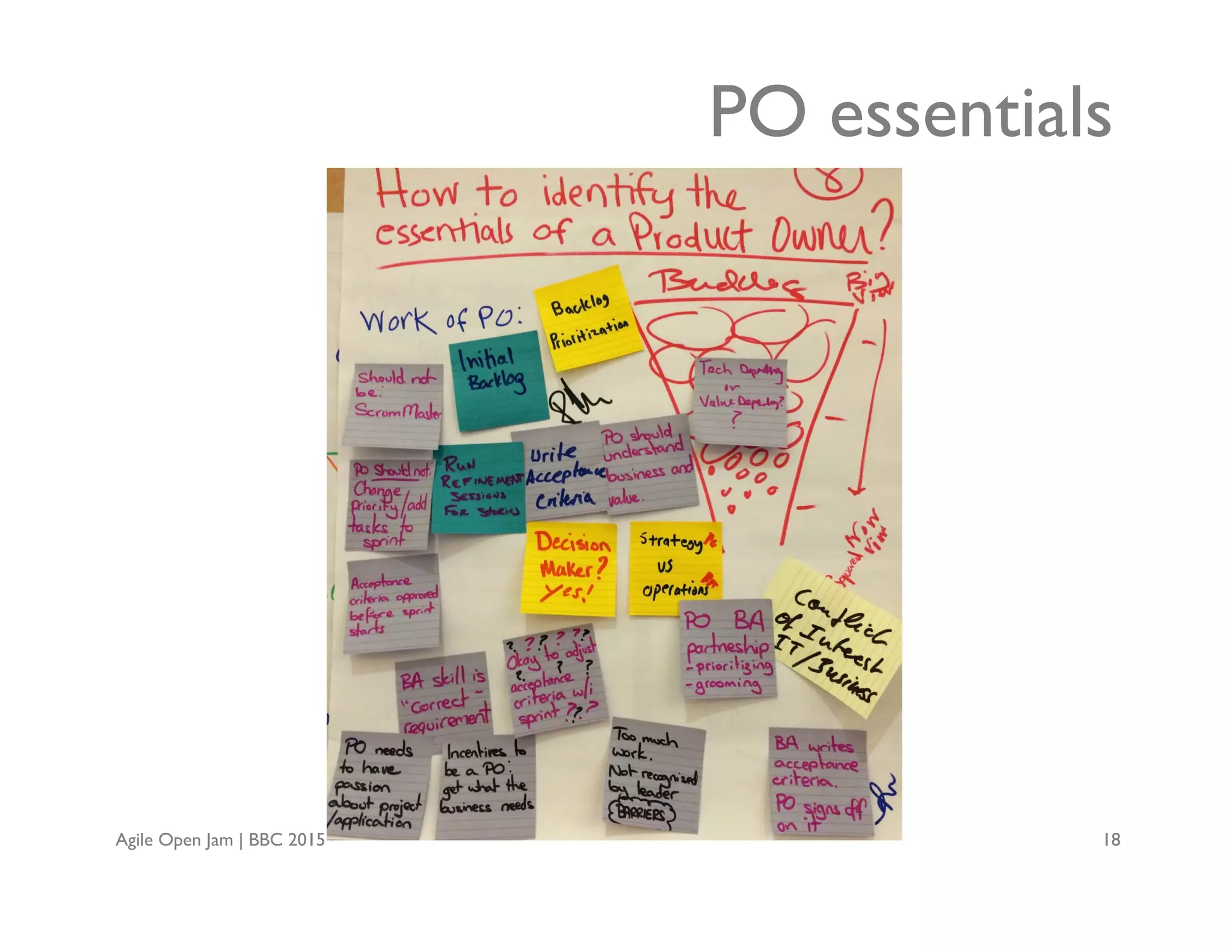 Agile Open Jam | BBC 2015 18
PO essentials
 