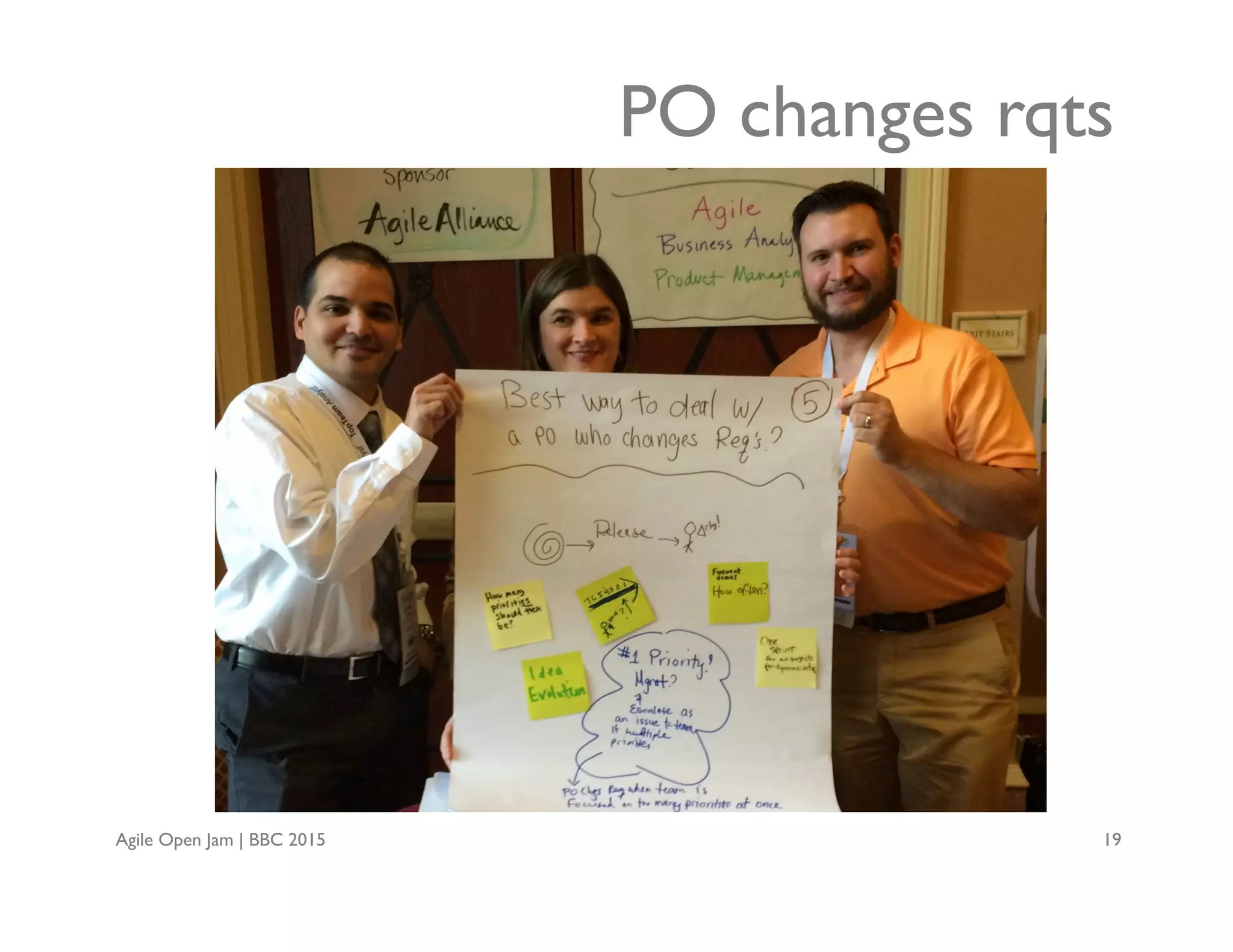 Agile Open Jam | BBC 2015 19
PO changes rqts
 