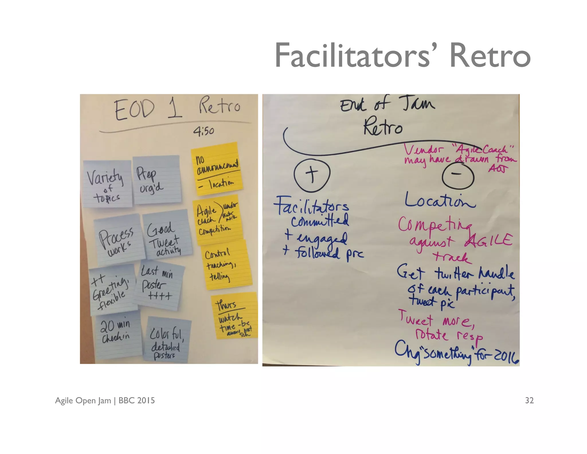 Agile Open Jam | BBC 2015 32
Facilitators’ Retro
 