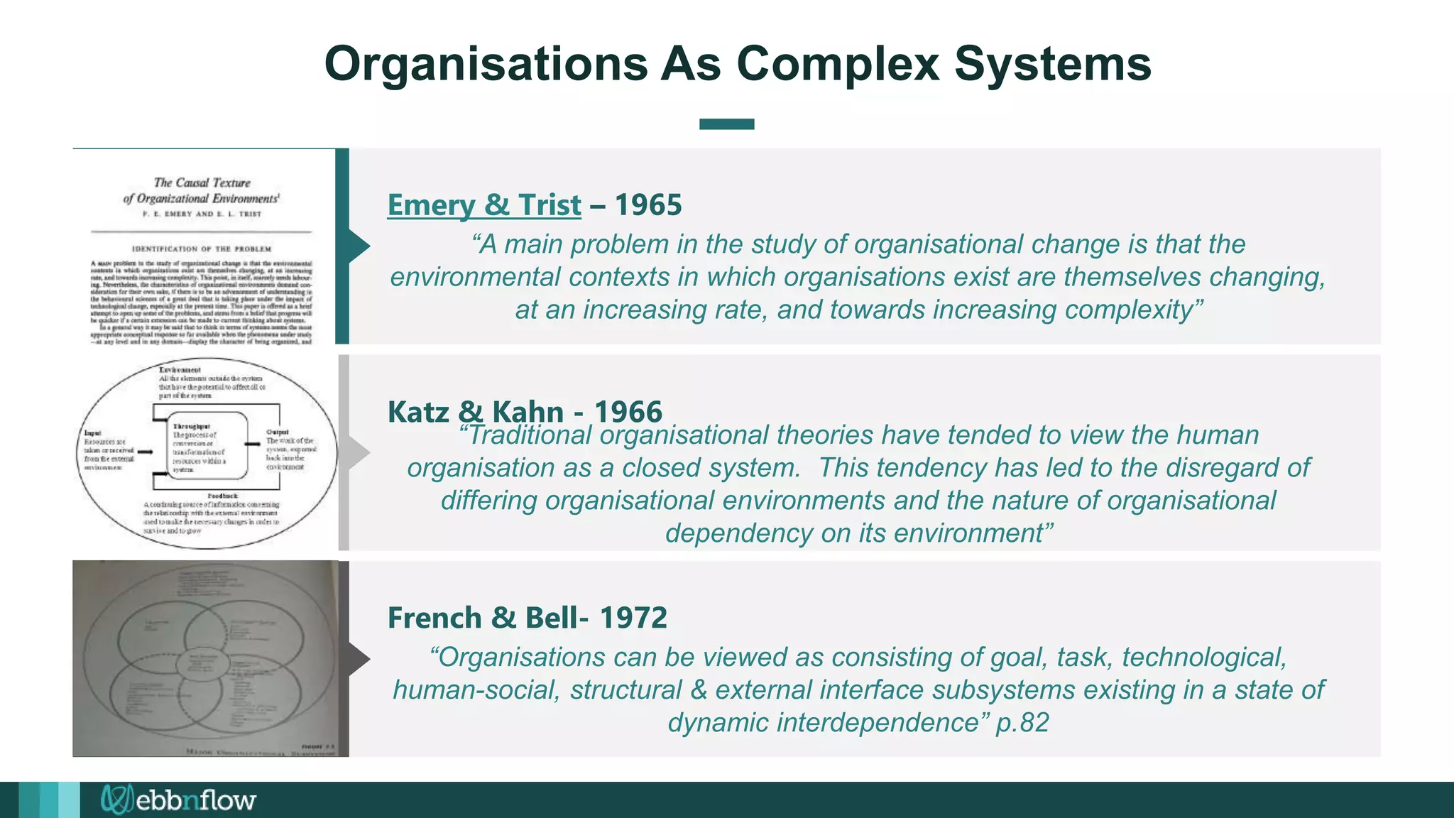 Organisations As Complex Systems
“Traditional organisational theories have tended to view the human
organisation as a closed system. This tendency has led to the disregard of
differing organisational environments and the nature of organisational
dependency on its environment”
Katz & Kahn - 1966
01
02
03
“A main problem in the study of organisational change is that the
environmental contexts in which organisations exist are themselves changing,
at an increasing rate, and towards increasing complexity”
Emery & Trist – 1965
“Organisations can be viewed as consisting of goal, task, technological,
human-social, structural & external interface subsystems existing in a state of
dynamic interdependence” p.82
French & Bell- 1972
 