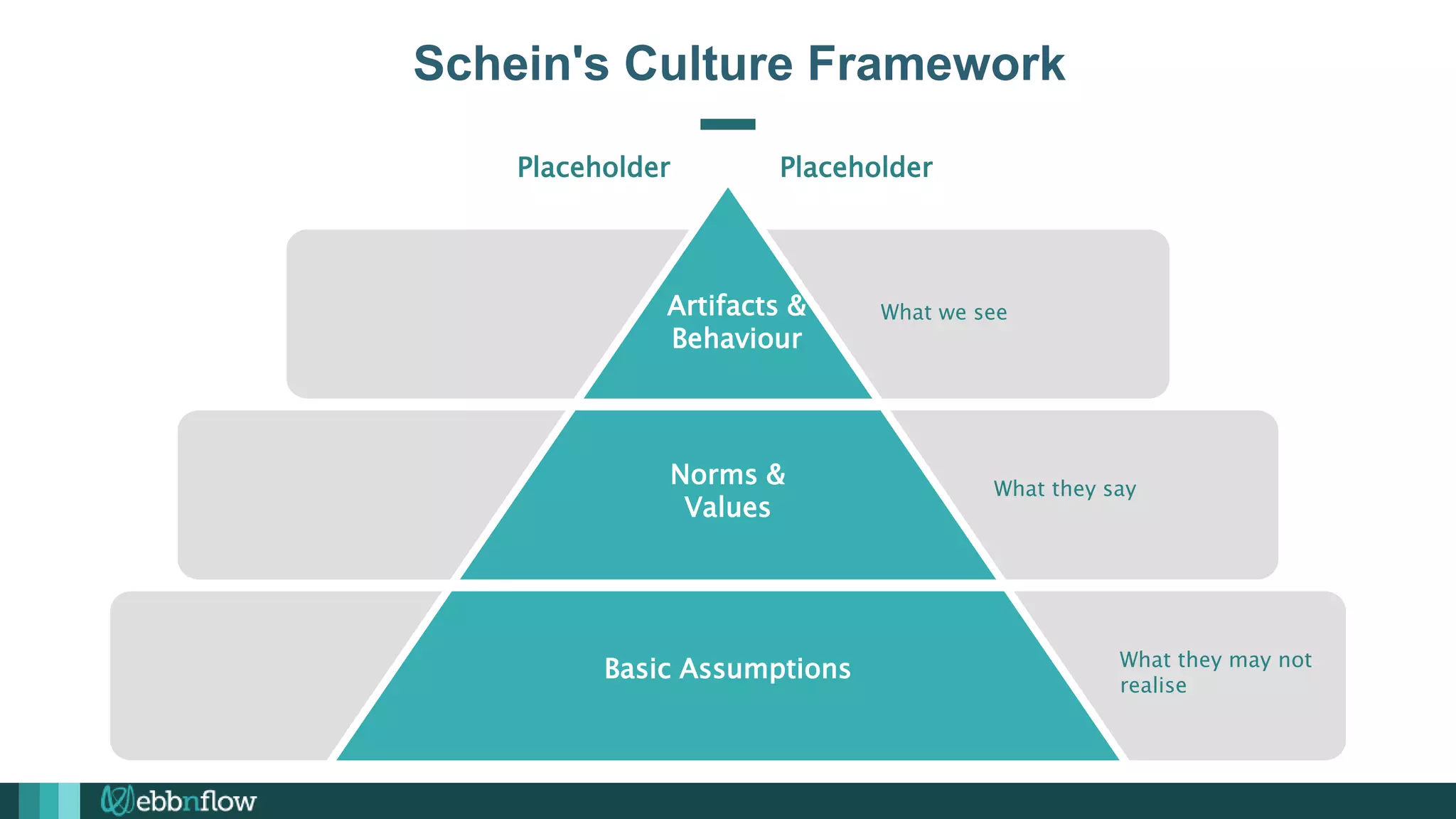 Schein's Culture Framework
Placeholder Placeholder
Artifacts &
Behaviour
Norms &
Values
Basic Assumptions
What we see
What they say
What they may not
realise
 