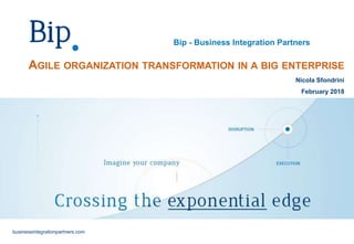 Bip - Business Integration Partners
businessintegrationpartners.com
AGILE ORGANIZATION TRANSFORMATION IN A BIG ENTERPRISE
Nicola Sfondrini
February 2018
 