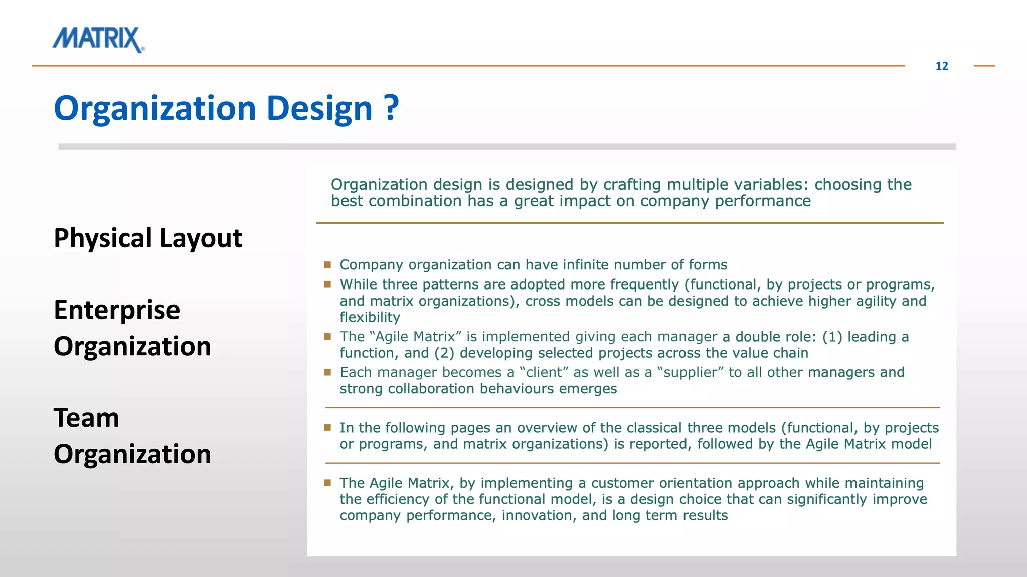 Organization Design ?
12
Physical Layout
Enterprise
Organization
Team
Organization
 
