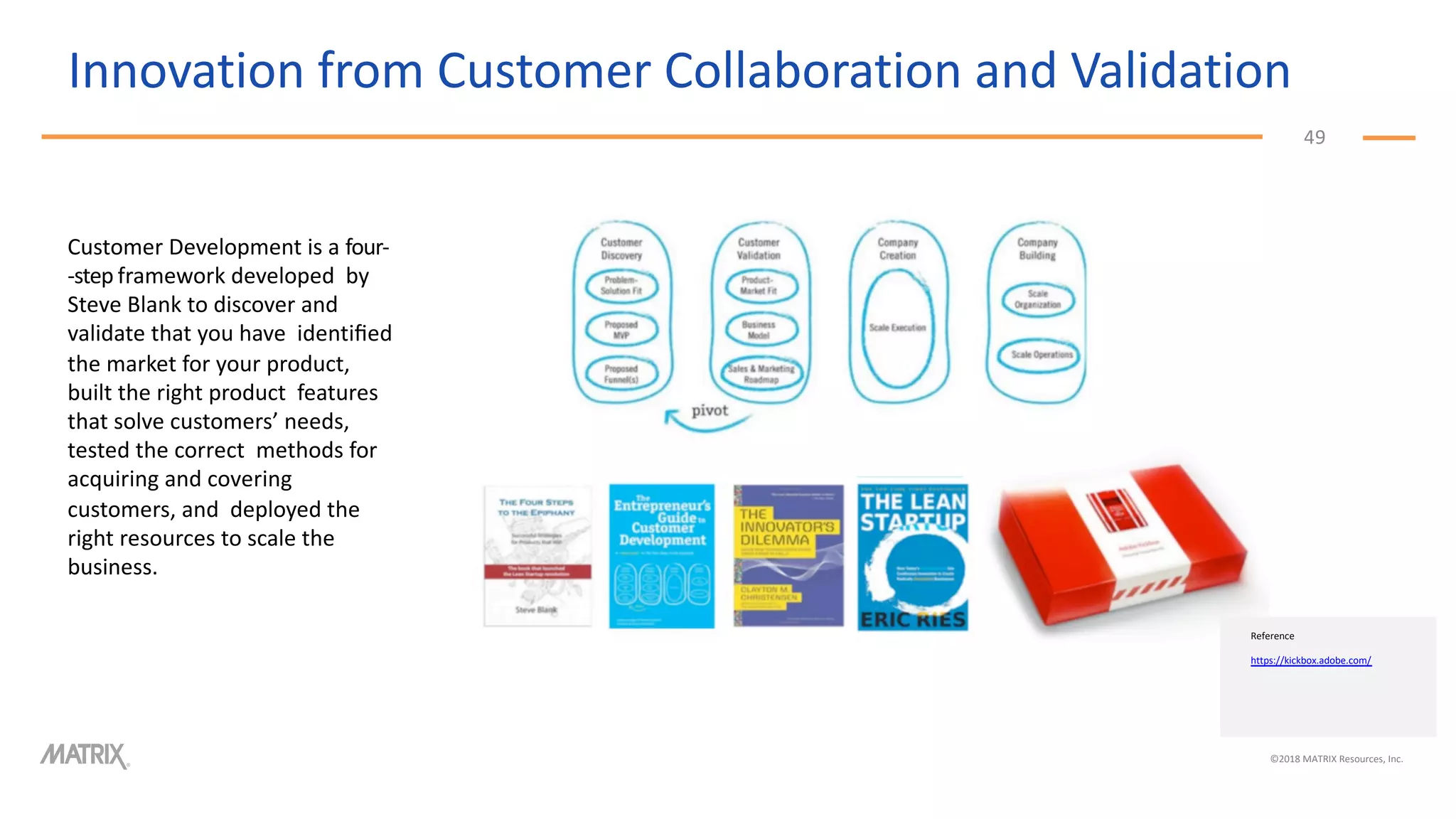 Innovation from Customer Collaboration and Validation
49
Customer Development is a four-
-step framework developed by
Steve Blank to discover and
validate that you have identiﬁed
the market for your product,
built the right product features
that solve customers’ needs,
tested the correct methods for
acquiring and covering
customers, and deployed the
right resources to scale the
business.
©2018 MATRIX Resources, Inc.
Reference
https://kickbox.adobe.com/
 