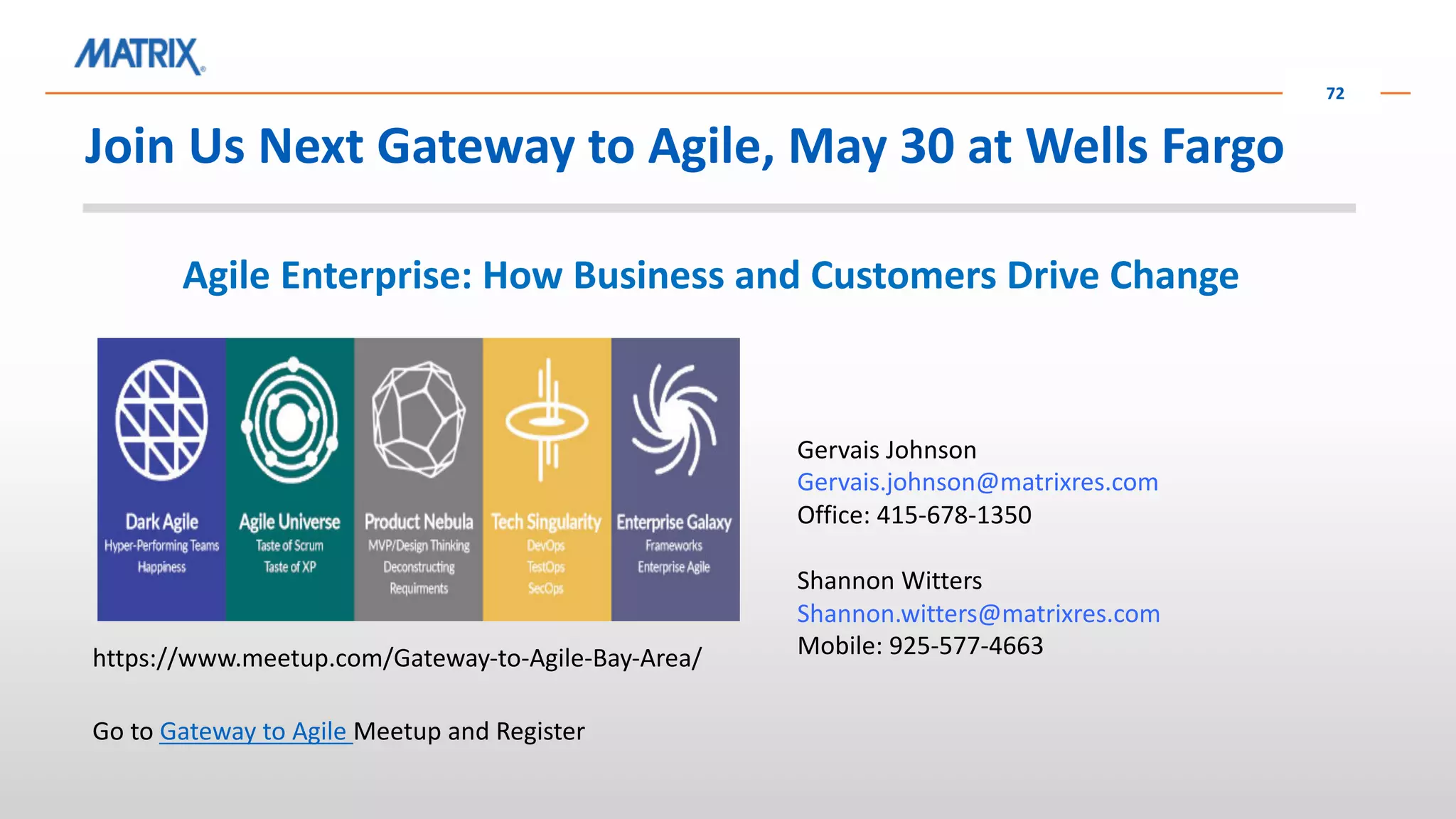 Join Us Next Gateway to Agile, May 30 at Wells Fargo
72
https://www.meetup.com/Gateway-to-Agile-Bay-Area/
Go to Gateway to Agile Meetup and Register
Gervais Johnson
Gervais.johnson@matrixres.com
Office: 415-678-1350
Shannon Witters
Shannon.witters@matrixres.com
Mobile: 925-577-4663
Agile Enterprise: How Business and Customers Drive Change
 