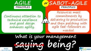 What is your management
saying being?
AGILE SABOT-AGILEor
PRINCIPLES PRINCIPLES
Continuous attention to
technical excellence
and good design
enhances agility.
Resources meet
commitments by
delivering to production
and then patching with
agile fast-followers as
needed.
#
15
BLOG:
Agile or Sabot-Agile?
 