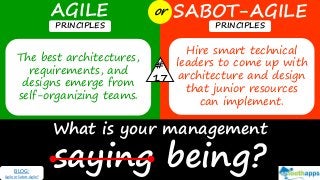 What is your management
saying being?
AGILE SABOT-AGILEor
PRINCIPLES PRINCIPLES
The best architectures,
requirements, and
designs emerge from
self-organizing teams.
Hire smart technical
leaders to come up with
architecture and design
that junior resources
can implement.
#
17
BLOG:
Agile or Sabot-Agile?
 