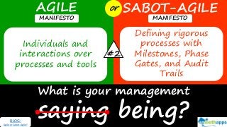 What is your management
saying being?
AGILE SABOT-AGILEor
MANIFESTO MANIFESTO
Individuals and
interactions over
processes and tools
Defining rigorous
processes with
Milestones, Phase
Gates, and Audit
Trails
#2
BLOG:
Agile or Sabot-Agile?
 