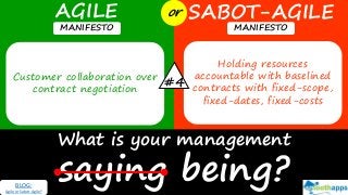What is your management
saying being?
AGILE SABOT-AGILEor
MANIFESTO MANIFESTO
Customer collaboration over
contract negotiation
Holding resources
accountable with baselined
contracts with fixed-scope,
fixed-dates, fixed-costs
#4
BLOG:
Agile or Sabot-Agile?
 