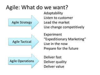 Agile: What do we want? 
Agile Strategy 
Agile Tactical 
Agile Operations 
Adaptability 
Listen to customer 
Lead the market 
Use change competitively 
Experiment 
“Expeditionary Marketing” 
Live in the now 
Prepare for the future 
Deliver fast 
Deliver quality 
Deliver value 
 