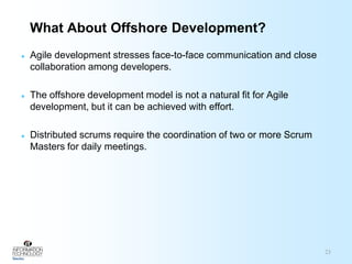 A daily meeting is used to keep the whole process on track.Scrum Artifacts12Product Backlog - is a prioritized list of everything that might be needed in the product. Sprint Backlog - is a list of tasks to turn the Product Backlog for one Sprint into an increment of potentially shippable product. A burndown is a measure of remaining backlog over time. Release Burndown - measures remaining Product Backlog across the time of a release plan. Sprint Burndown - measures remaining Sprint Backlog items across the time of a Sprint. 