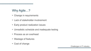 Why Agile…?
▪ Change in requirements
▪ Lack of stakeholder involvement
▪ Early product realization issues
▪ Unrealistic schedule and inadequate testing
▪ Process as an overhead
▪ Wastage of features
▪ Cost of change
Challenges in IT industry
 