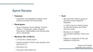 Sprint Review
▪ Summary
– Inspection and adaptation related to the
product increment of functionality
▪ Participants
– Team members, Scrum Master, Product
Owner + Customers, Users, Experts,
Executives, Stakeholders and anyone else
who is interested
▪ Duration, Do's & Don'ts
– 2 hours for 2 weeks sprint
– Anyone present is free to ask question and
give input ()
– Not Demo ()
– No power point slides ()
Inspect and Adapt
regarding the product
▪ Goal
– See and learn what is going on
and then evolve based on
feedback
i.e. PO to learn to what is going
on with the product and Team
and vice versa
– Review is an indepth
conversation between Team and
PO
– Hands-on inspection of the real
software running live
 