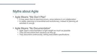 Myths about Agile
▪ Agile Means “We Don’t Plan”
▪ It may seem that no planning occurs, since reliance in on collaboration
▪ In reality, planning is incremental and evolutionary, instead of planning all
activities in one go
▪ Agile Means “No Documentation”
▪ Agile Team’s documentation is light weight as much as possible
▪ They DO document their solutions as they go
▪ They document continuously, writing executable specifications
 