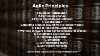 Agile Principles
1. Customer satisfaction
2. Harnessing change
3. Faster development timelines
4. Collaboration
5. Building projects around motivated individuals
6. Face-to-face communication
7. Working software as the key benchmark for success
8. Sustainable development
9. Technical excellence
10. Simplicity
11. Self-organizing teams
12. Self-reflecting teams
Source: http://agilemanifesto.org/principles.html
 