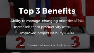 Ability to manage changing priorities (87%)
Increased team productivity (85%)
Improved project visibility (84%)
Source: Version One 10th Annual State of Agile Survey 2016
Top 3 Benefits
 