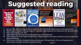 Suggested reading
1) Scrum: The Art of Doing Twice the Work in Half the Time Hardcover by Jeff Sutherland
2) The Phoenix Project: A Novel About IT, DevOps, and Helping Your Business Win by Gene Kim
3) The Lean Startup, Eric Ries
4) Agile Software Development Ecosystems by Jim Highsmith
5) Lean Enterprise: How High Performance Organizations Innovate at Scale by Jez Humble and
Joanne Molesky
6) Continuous Delivery: Reliable Software Releases Through Build, Test, and Deployment
Automation by Jez Humble and David Farley
 