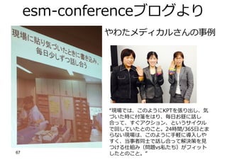 esm-conferenceブログより
やわたメディカルさんの事例
“現場では、このようにKPTを張り出し、気
づいた時に付箋をはり、毎⽇お昼に話し
合って、すぐアクション、というサイクル
で回していたとのこと。24時間/365⽇とま
らない現場は、このように⼿軽に導⼊しや
すく、当事者同⼠で話し合って解決策を⾒
つける仕組み（問題vs私たち）がフィット
したとのこと。”
67
 