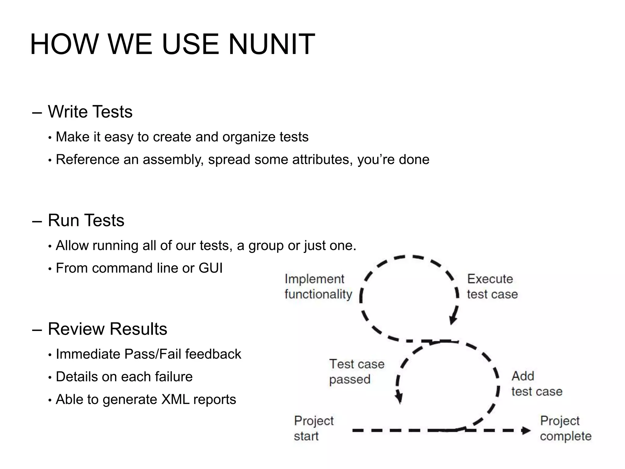 HOW WE USE NUNIT

– Write Tests
  •   Make it easy to create and organize tests
  •   Reference an assembly, spread some attributes, you’re done



– Run Tests
  •   Allow running all of our tests, a group or just one.
  •   From command line or GUI



– Review Results
  •   Immediate Pass/Fail feedback
  •   Details on each failure
  •   Able to generate XML reports
 