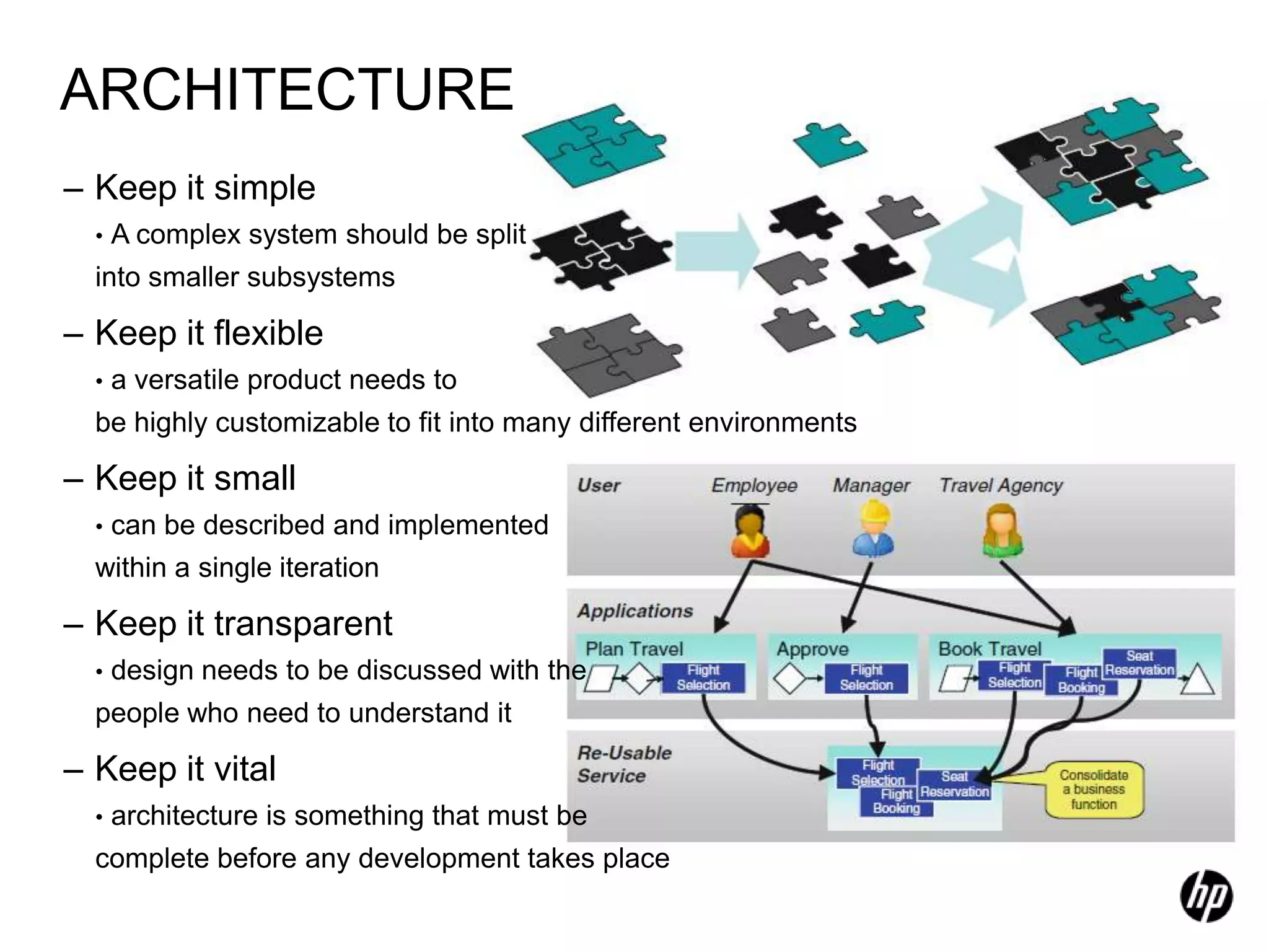 ARCHITECTURE
– Keep it simple
  •   A complex system should be split
  into smaller subsystems

– Keep it flexible
  •   a versatile product needs to
  be highly customizable to fit into many different environments

– Keep it small
  •   can be described and implemented
  within a single iteration

– Keep it transparent
  •   design needs to be discussed with the
  people who need to understand it

– Keep it vital
  •   architecture is something that must be
  complete before any development takes place
 