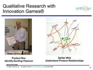 Qualitative Research with Innovation Games® Product Box Identify Exciting Features Spider Web Understand Product Relationships 