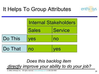 It Helps To Group Attributes Do This yes Do That no no yes Sales Service Internal Stakeholders Does this backlog item  directly improve your ability to do your job? 
