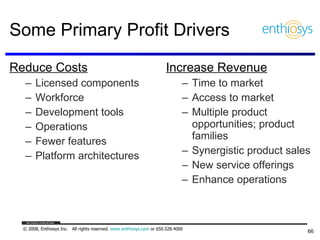 Some Primary Profit Drivers Reduce Costs Licensed components Workforce Development tools Operations Fewer features Platform architectures Increase Revenue Time to market Access to market Multiple product opportunities; product families Synergistic product sales  New service offerings Enhance operations 