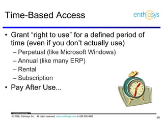 Time-Based Access Grant “right to use” for a defined period of time (even if you don’t actually use) Perpetual (like Microsoft Windows) Annual (like many ERP) Rental Subscription Pay After Use... 