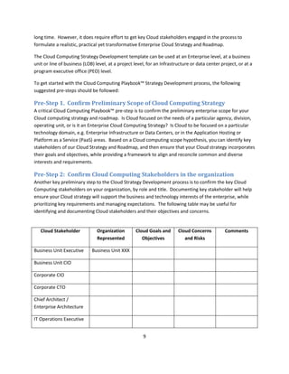 long time. However, it does require effort to get key Cloud stakeholders engaged in the process to
formulate a realistic, practical yet transformative Enterprise Cloud Strategy and Roadmap.

The Cloud Computing Strategy Development template can be used at an Enterprise level, at a business
unit or line of business (LOB) level, at a project level, for an Infrastructure or data center project, or at a
program executive office (PEO) level.

To get started with the Cloud Computing Playbook™ Strategy Development process, the following
suggested pre-steps should be followed:

Pre-Step 1. Confirm Preliminary Scope of Cloud Computing Strategy
A critical Cloud Computing Playbook™ pre-step is to confirm the preliminary enterprise scope for your
Cloud computing strategy and roadmap. Is Cloud focused on the needs of a particular agency, division,
operating unit, or is it an Enterprise Cloud Computing Strategy? Is Cloud to be focused on a particular
technology domain, e.g. Enterprise Infrastructure or Data Centers, or in the Application Hosting or
Platform as a Service (PaaS) areas. Based on a Cloud computing scope hypothesis, you can identify key
stakeholders of our Cloud Strategy and Roadmap, and then ensure that your Cloud strategy incorporates
their goals and objectives, while providing a framework to align and reconcile common and diverse
interests and requirements.

Pre-Step 2: Confirm Cloud Computing Stakeholders in the organization
Another key preliminary step to the Cloud Strategy Development process is to confirm the key Cloud
Computing stakeholders on your organization, by role and title. Documenting key stakeholder will help
ensure your Cloud strategy will support the business and technology interests of the enterprise, while
prioritizing key requirements and managing expectations. The following table may be useful for
identifying and documenting Cloud stakeholders and their objectives and concerns.


   Cloud Stakeholder            Organization       Cloud Goals and       Cloud Concerns          Comments
                                Represented           Objectives            and Risks

Business Unit Executive      Business Unit XXX

Business Unit CIO

Corporate CIO

Corporate CTO

Chief Architect /
Enterprise Architecture

IT Operations Executive


                                                       9
 