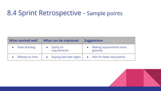 8.4 Sprint Retrospective - Sample points
What worked well What can be improved Suggestions
● Team bonding ● Clarity on
requirements
● Making requirements more
granular
● Delivery on time ● Staying back late nights ● Plan for fewer story points
 