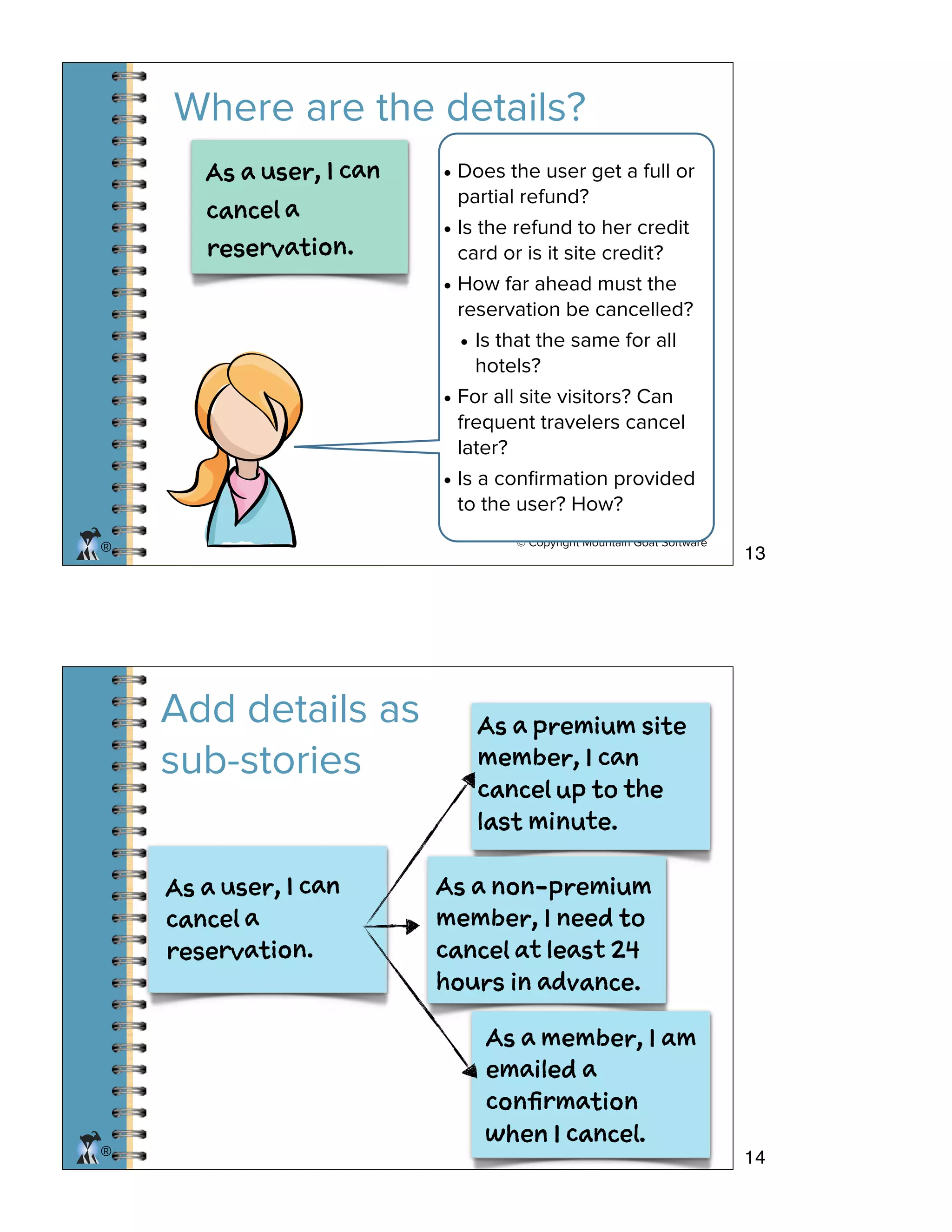 © Copyright Mountain Goat Software
®
Where are the details?
A a ue, I a
cne a
rsrain.
• Does the user get a full or
partial refund?
• Is the refund to her credit
card or is it site credit?
• How far ahead must the
reservation be cancelled?
• Is that the same for all
hotels?
• For all site visitors? Can
frequent travelers cancel
later?
• Is a conﬁrmation provided
to the user? How?
© Copyright Mountain Goat Software
®
Add details as
sub-stories
A a ue, I a
cne a
rsrain.
A a peim ie
mme, I a
cne p o h
ls mnt.
A a nn-peim
mme, I ed o
cne t lat 4
hus n avne.
A a mme, I m
eald a
cnfirain
we I cne.
13
14
 
