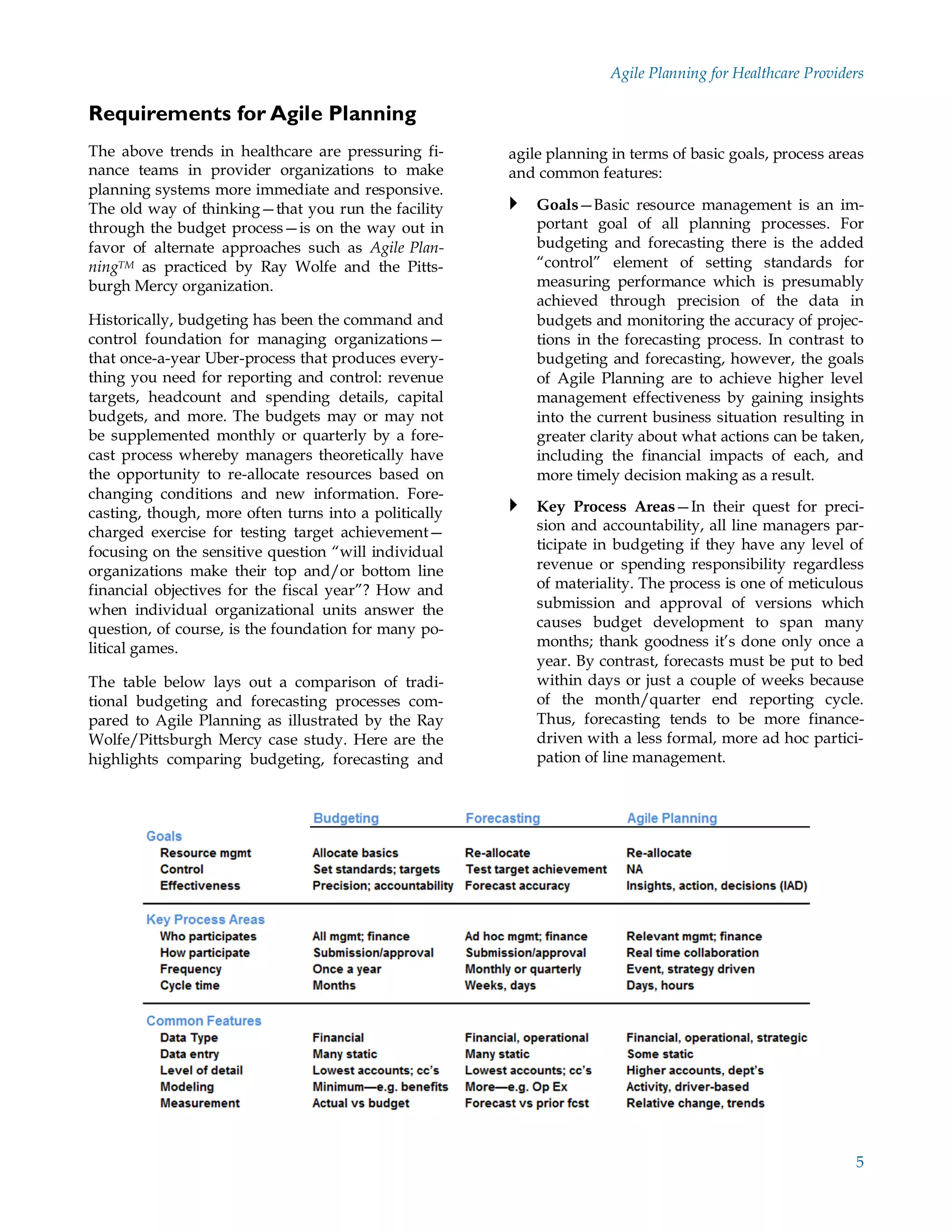 Agile Planning for Healthcare Providers

Requirements for Agile Planning
The above trends in healthcare are pressuring fi-      agile planning in terms of basic goals, process areas
nance teams in provider organizations to make          and common features:
planning systems more immediate and responsive.
The old way of thinking—that you run the facility       Goals—Basic resource management is an im-
through the budget process—is on the way out in            portant goal of all planning processes. For
favor of alternate approaches such as Agile Plan-          budgeting and forecasting there is the added
ningTM as practiced by Ray Wolfe and the Pitts-            “control” element of setting standards for
burgh Mercy organization.                                  measuring performance which is presumably
                                                           achieved through precision of the data in
Historically, budgeting has been the command and           budgets and monitoring the accuracy of projec-
control foundation for managing organizations—             tions in the forecasting process. In contrast to
that once-a-year Uber-process that produces every-         budgeting and forecasting, however, the goals
thing you need for reporting and control: revenue          of Agile Planning are to achieve higher level
targets, headcount and spending details, capital           management effectiveness by gaining insights
budgets, and more. The budgets may or may not              into the current business situation resulting in
be supplemented monthly or quarterly by a fore-            greater clarity about what actions can be taken,
cast process whereby managers theoretically have           including the financial impacts of each, and
the opportunity to re-allocate resources based on          more timely decision making as a result.
changing conditions and new information. Fore-
casting, though, more often turns into a politically    Key Process Areas—In their quest for preci-
charged exercise for testing target achievement—           sion and accountability, all line managers par-
focusing on the sensitive question “will individual        ticipate in budgeting if they have any level of
organizations make their top and/or bottom line            revenue or spending responsibility regardless
financial objectives for the fiscal year”? How and         of materiality. The process is one of meticulous
when individual organizational units answer the            submission and approval of versions which
question, of course, is the foundation for many po-        causes budget development to span many
litical games.                                             months; thank goodness it’s done only once a
                                                           year. By contrast, forecasts must be put to bed
The table below lays out a comparison of tradi-            within days or just a couple of weeks because
tional budgeting and forecasting processes com-            of the month/quarter end reporting cycle.
pared to Agile Planning as illustrated by the Ray          Thus, forecasting tends to be more finance-
Wolfe/Pittsburgh Mercy case study. Here are the            driven with a less formal, more ad hoc partici-
highlights comparing budgeting, forecasting and            pation of line management.




                                                                                                           5
 