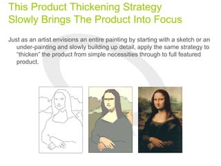 This Product Thickening Strategy
Slowly Brings The Product Into Focus
Just as an artist envisions an entire painting by starting with a sketch or an
under-painting and slowly building up detail, apply the same strategy to
“thicken” the product from simple necessities through to full featured
product.
 