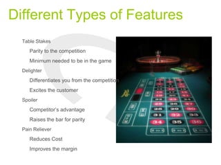 Different Types of Features
Table Stakes
Parity to the competition
Minimum needed to be in the game
Delighter
Differentiates you from the competition
Excites the customer
Spoiler
Competitor‟s advantage
Raises the bar for parity
Pain Reliever
Reduces Cost
Improves the margin
 