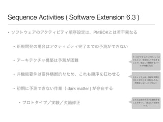 Sequence Activities ( Software Extension 6.3 )
• ソフトウェアのアクティビティ順序設定は、PMBOKとは若干異なる

• 新規開発の場合はアクティビティ完了までの予測ができない

• アーキテクチ...
