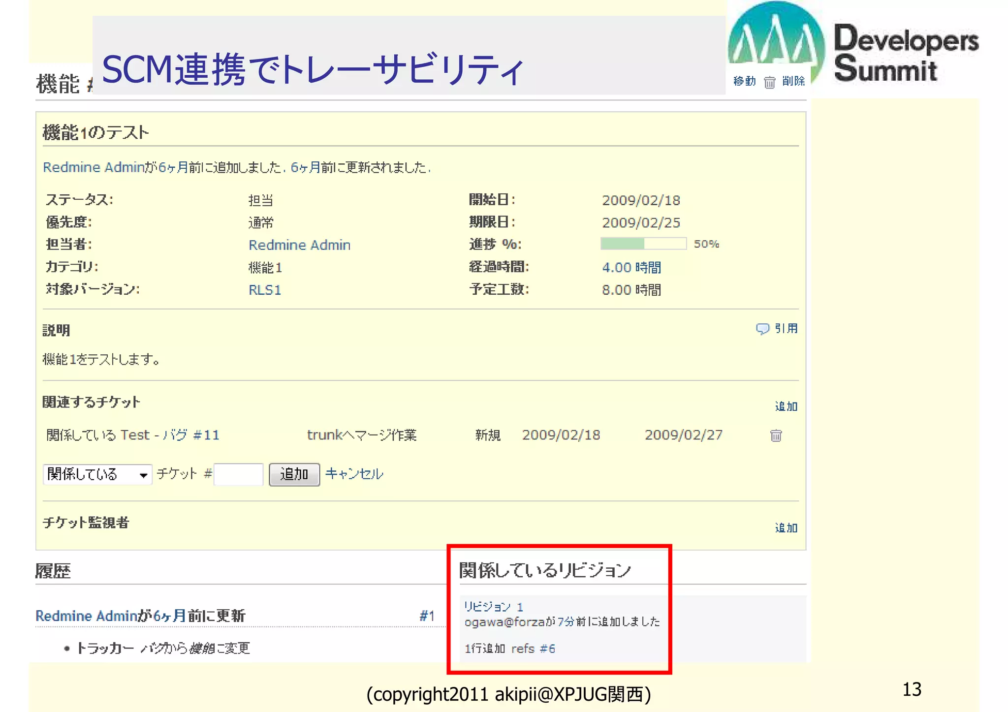 SCM連携でトレーサビリティ

(copyright2011 akipii@XPJUG関西)

13

 