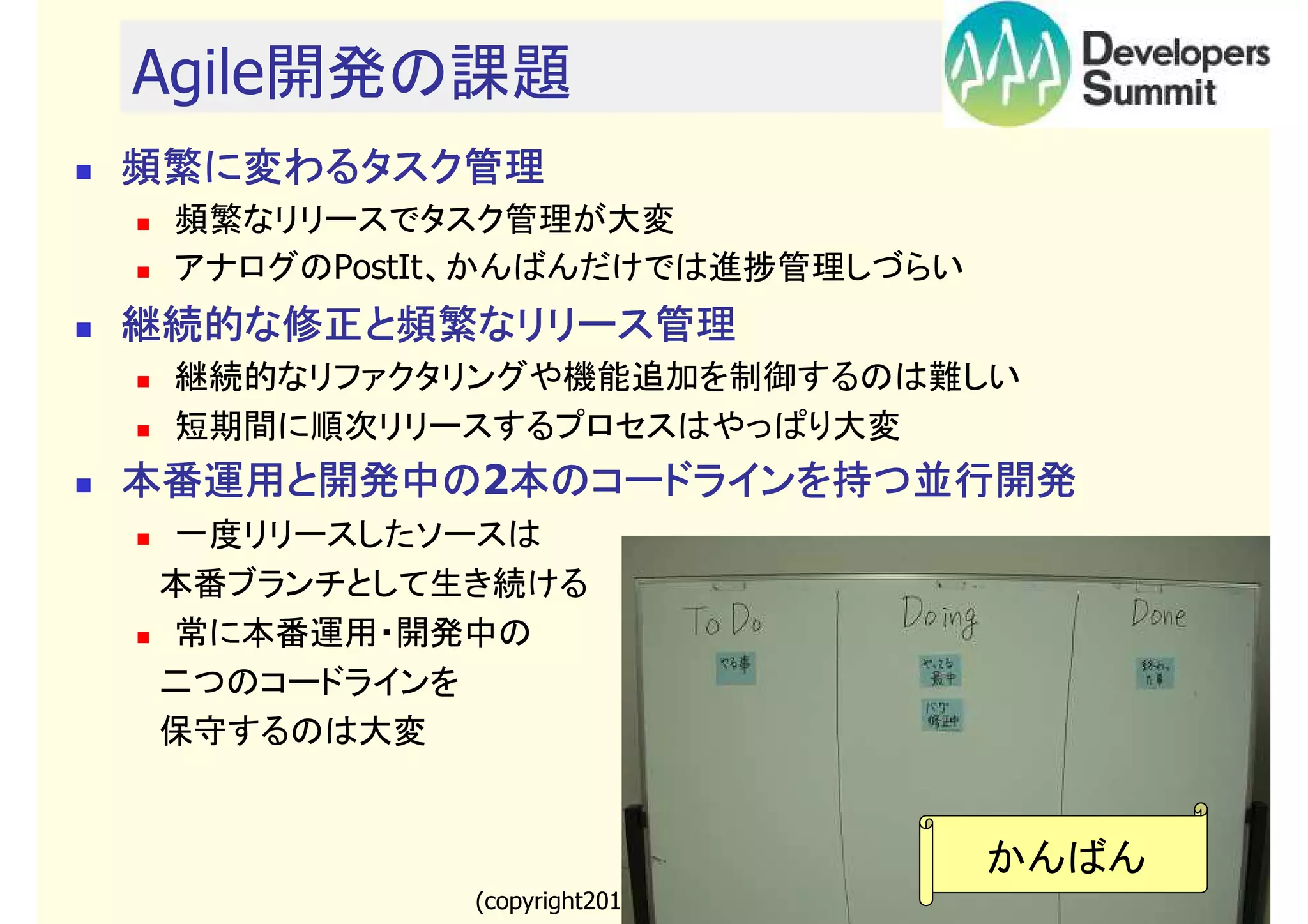 Agile開発の課題
頻繁に変わるタスク管理
頻繁なリリースでタスク管理が大変
アナログのPostIt、かんばんだけでは進捗管理しづらい

継続的な修正と頻繁なリリース管理
継続的な修正と頻繁なリリース管理
と頻繁なリリース
継続的なリファクタリングや機能追加を制御するのは難しい
短期間に順次リリースするプロセスはやっぱり大変

本番運用と開発中の2本のコードラインを持つ並行開発
本番運用と開発中の 本のコードラインを持つ並行開発
本のコードラインを持つ
一度リリースしたソースは
　本番ブランチとして生き続ける
常に本番運用・開発中の
　二つのコードラインを
　保守するのは大変

かんばん
(copyright2011 akipii@XPJUG関西)

3

 