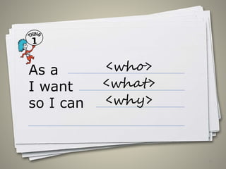 32
As a
I want
so I can
<who>
<what>
<why>
 